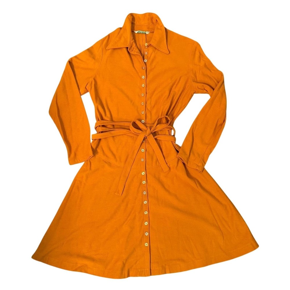 Vintage 70s Sears JR Bazaar Orange Button Front Belt Collared Dress Classic Chic